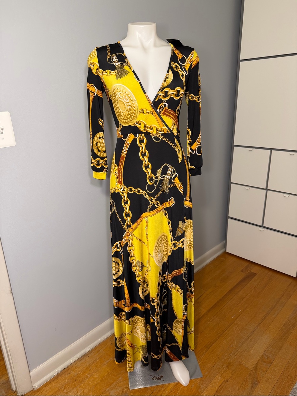 Black and Yellow Chain-Print Wrap Maxi Dress